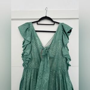 Flutter Sleeve V-Neck Green Paisley Dress